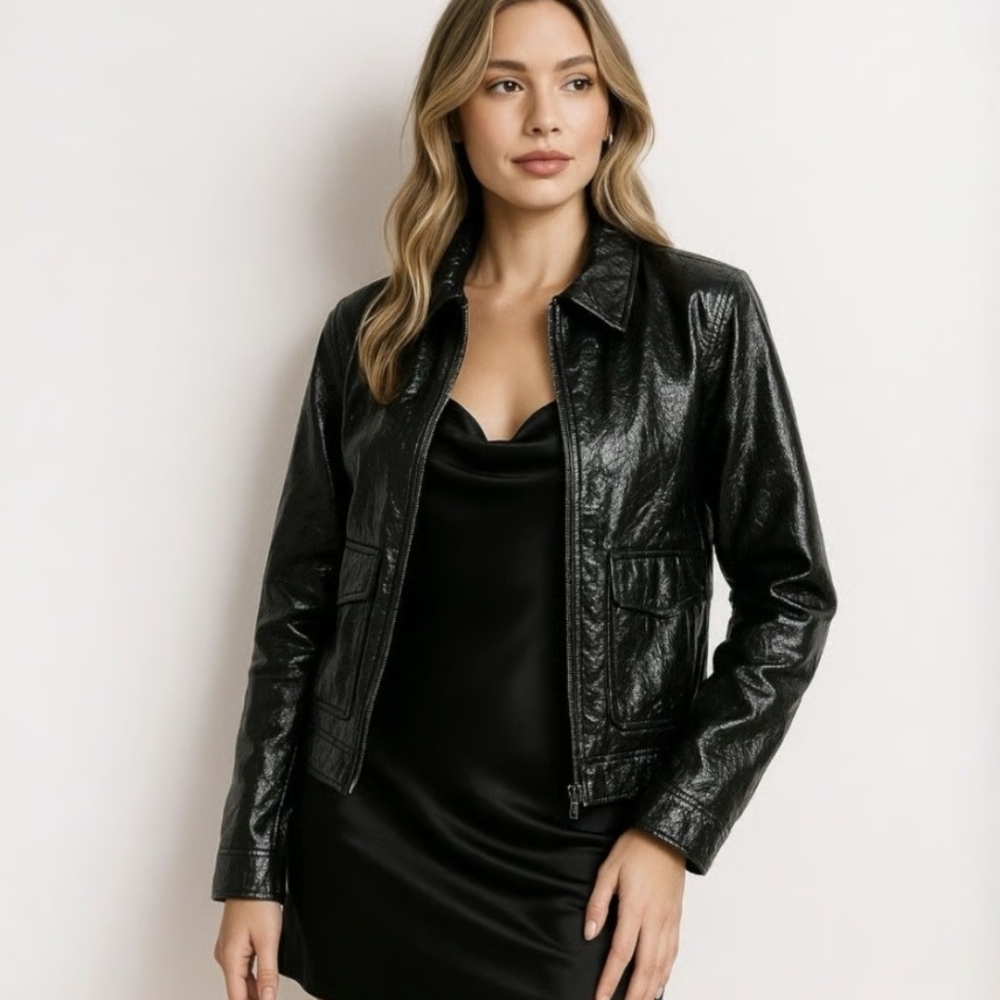 7 For All Mankind Genuine Patent Leather Full-Zip Fur Collar Jacket, S, $695 - Picture 2 of 15